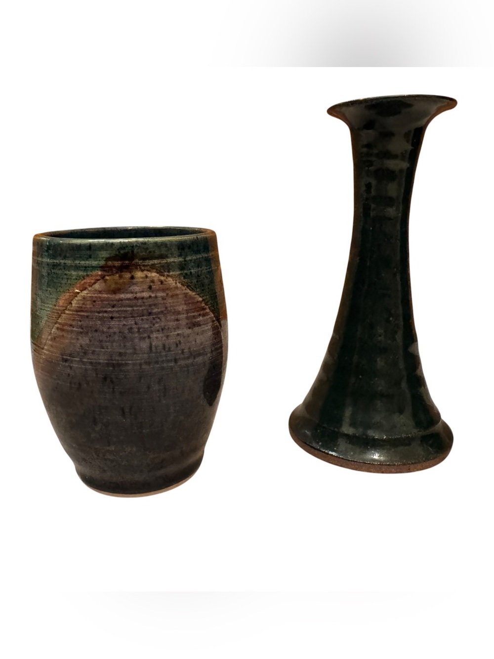 Signed Studio Pottery Candlestick & Cup Set Blue Green Handmade Art Pottery